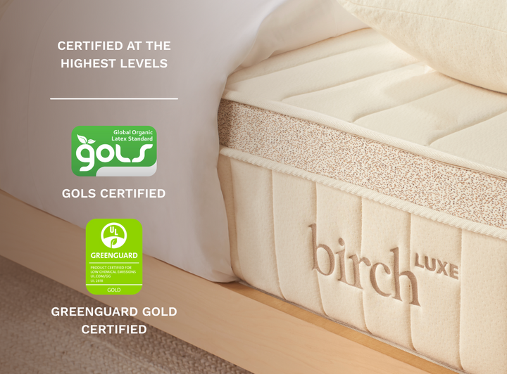 An image showcasing the Birch mattresses certifications including GOLS and Greenguard GOLD