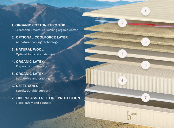 A rendered image showing each individual layer of the Birch Luxe Natural Mattress