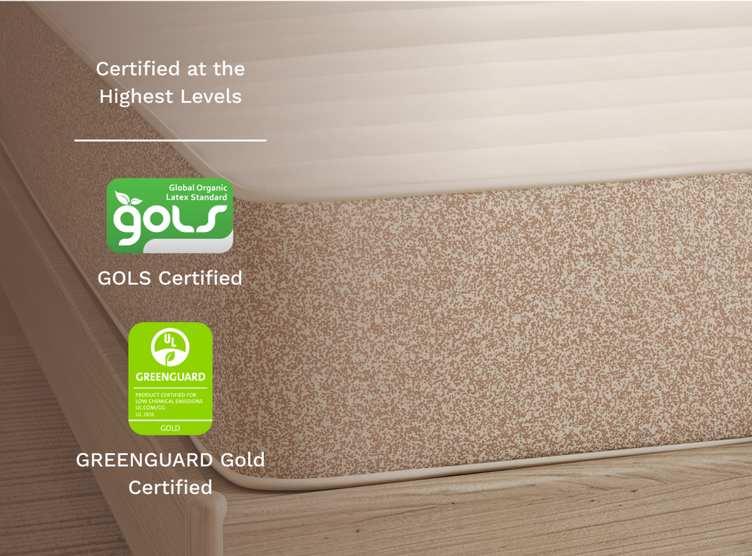 An image showcasing the Birch mattresses certifications including GOLS and Greenguard GOLD