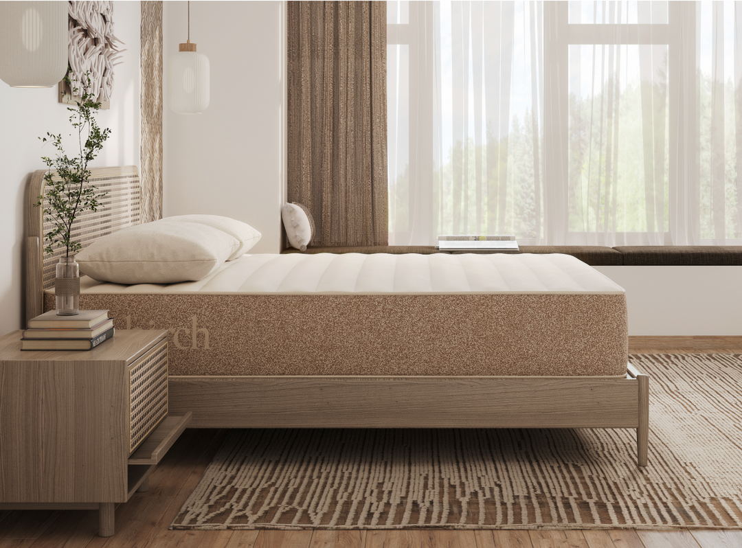A rendered image of Birch Natural Mattress in a bedroom scene