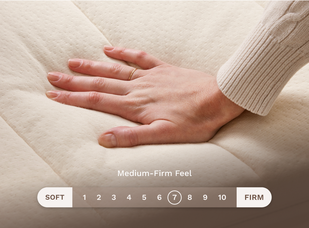 A firmness scale image showing the Birch Natural Mattress is a medium-firm feel