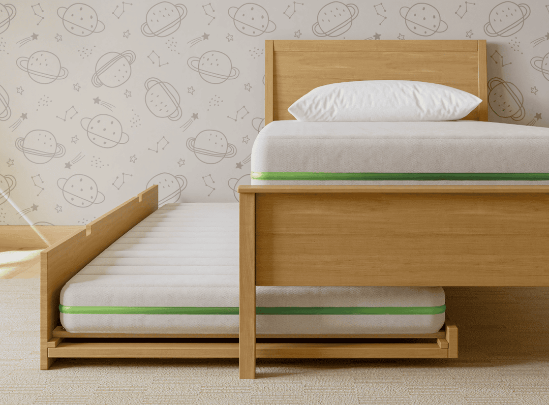 A lifestyle render of the Helix Trundle Mattress in a bedroom scene