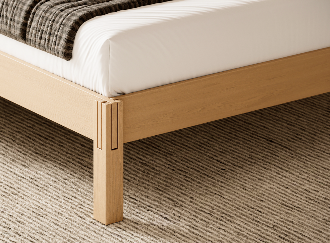 A closeup image of the Madison Bed Frame showing its tool free design 