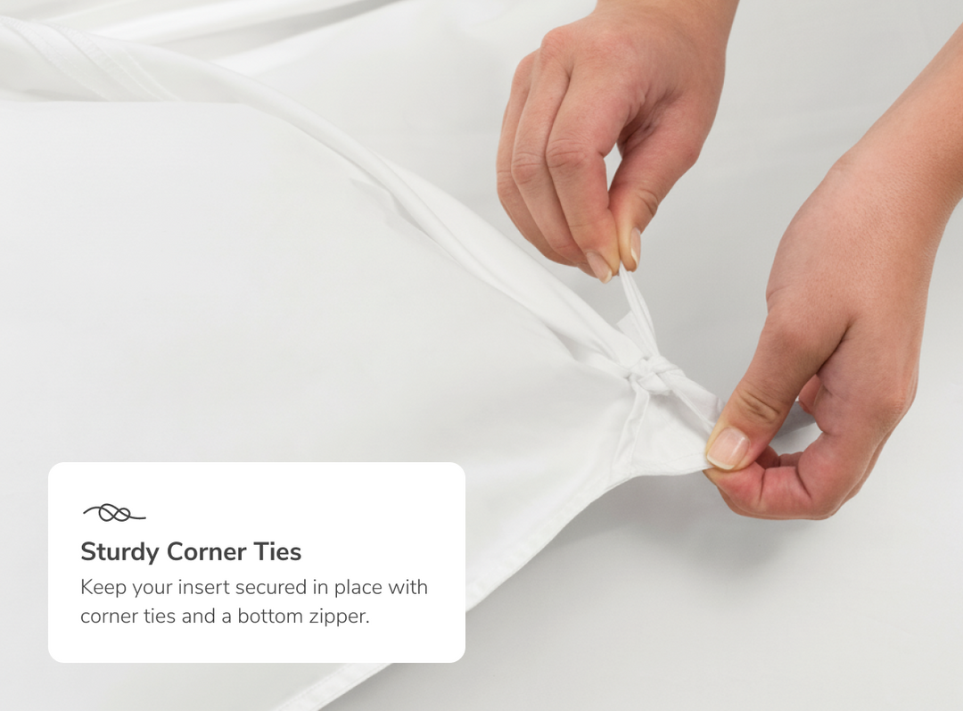 A closeup of the Helix Duvet Cover Set with a callout to its sturdy corner ties
