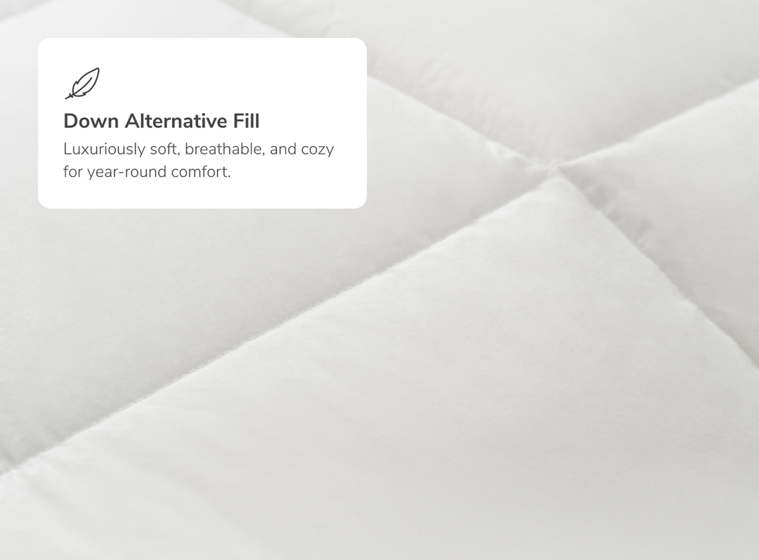 A closeup of the Helix Duvet Insert with a callout to its down alternative fill