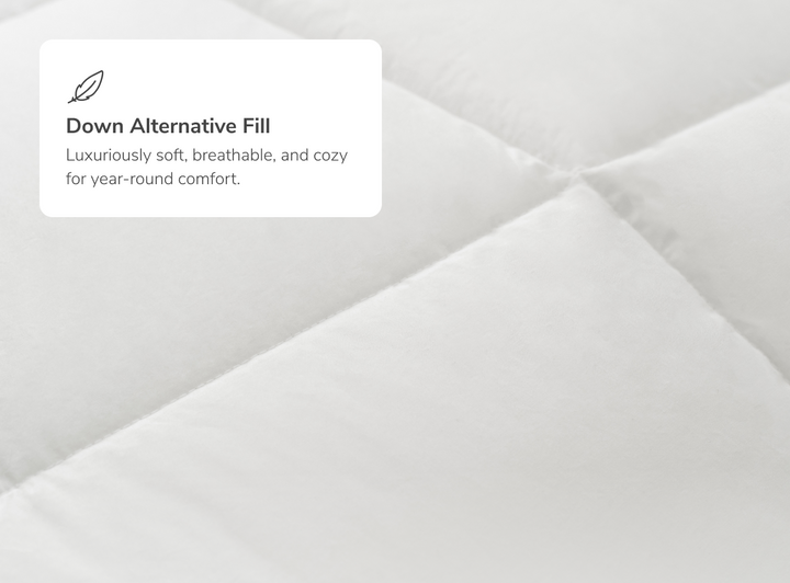 A closeup of the Helix Duvet Insert with a callout to its down alternative fill