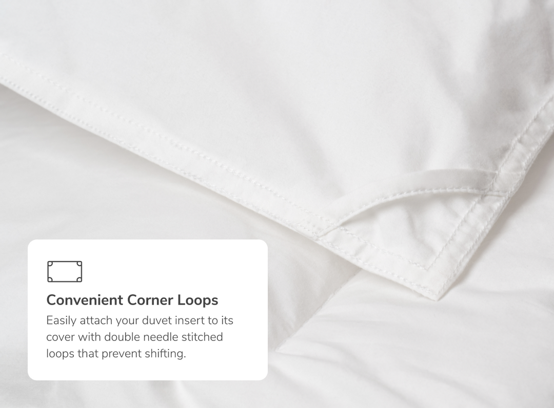 A closeup of the Helix Duvet Insert with a callout to its convenient corner ties