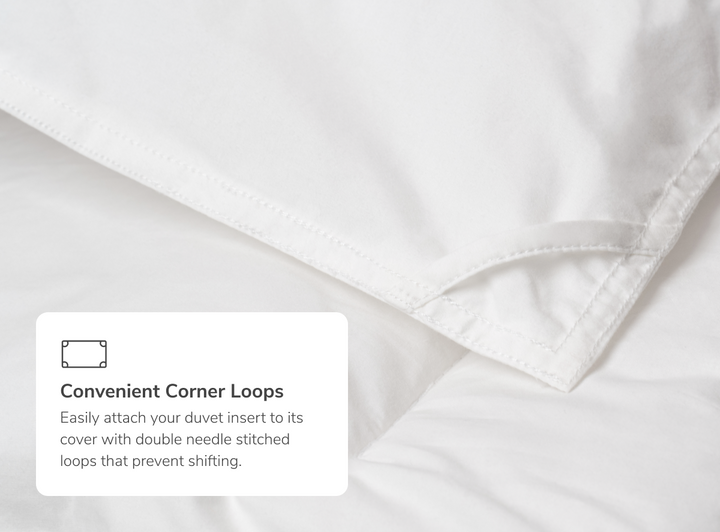 A closeup of the Helix Duvet Insert with a callout to its convenient corner ties