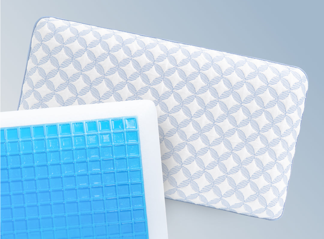 An image of the GlacioTex Cooling Pillow with a cutaway to show its cooling grid core.