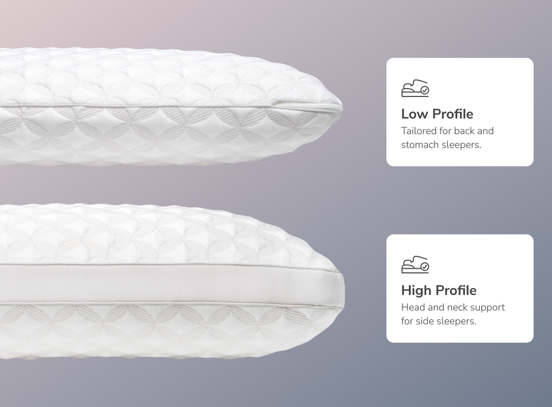 A rendered image of the Talalay latex pillow showing its options for a high or low profile 