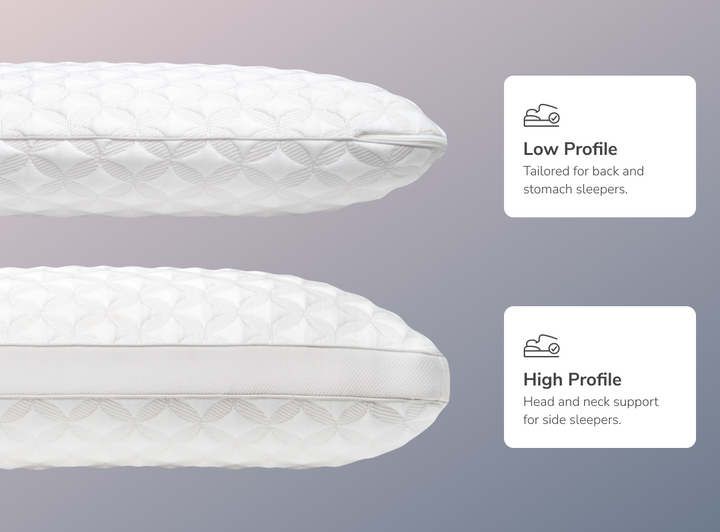 A rendered image of the Talalay latex pillow showing its options for a high or low profile 