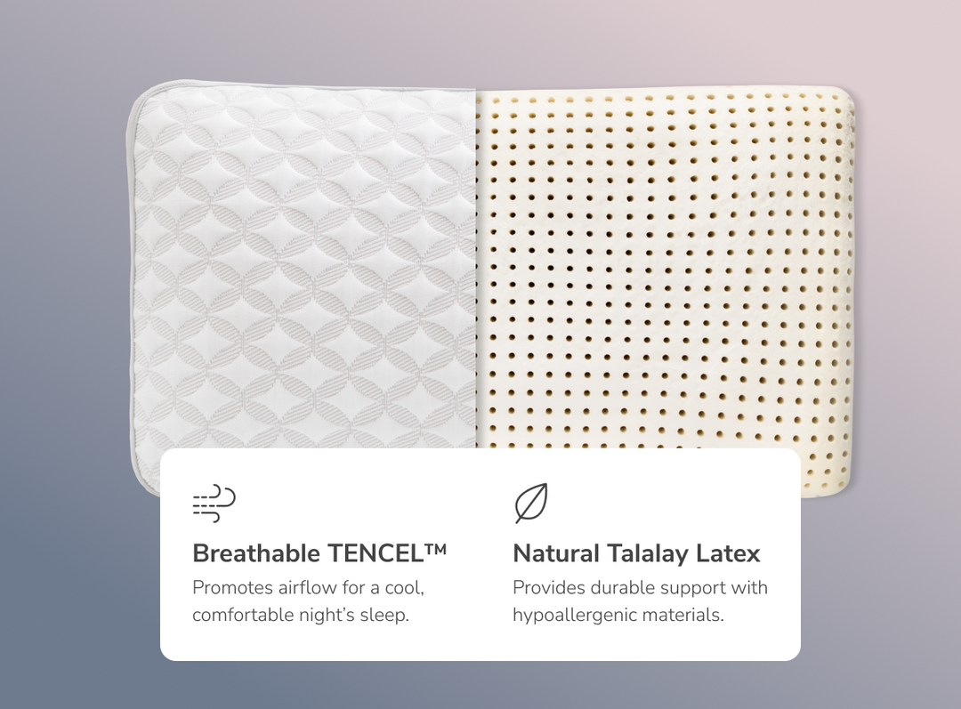 A rendered image of the Talalay latex pillow with callouts to its tencel cover and talalay latex core