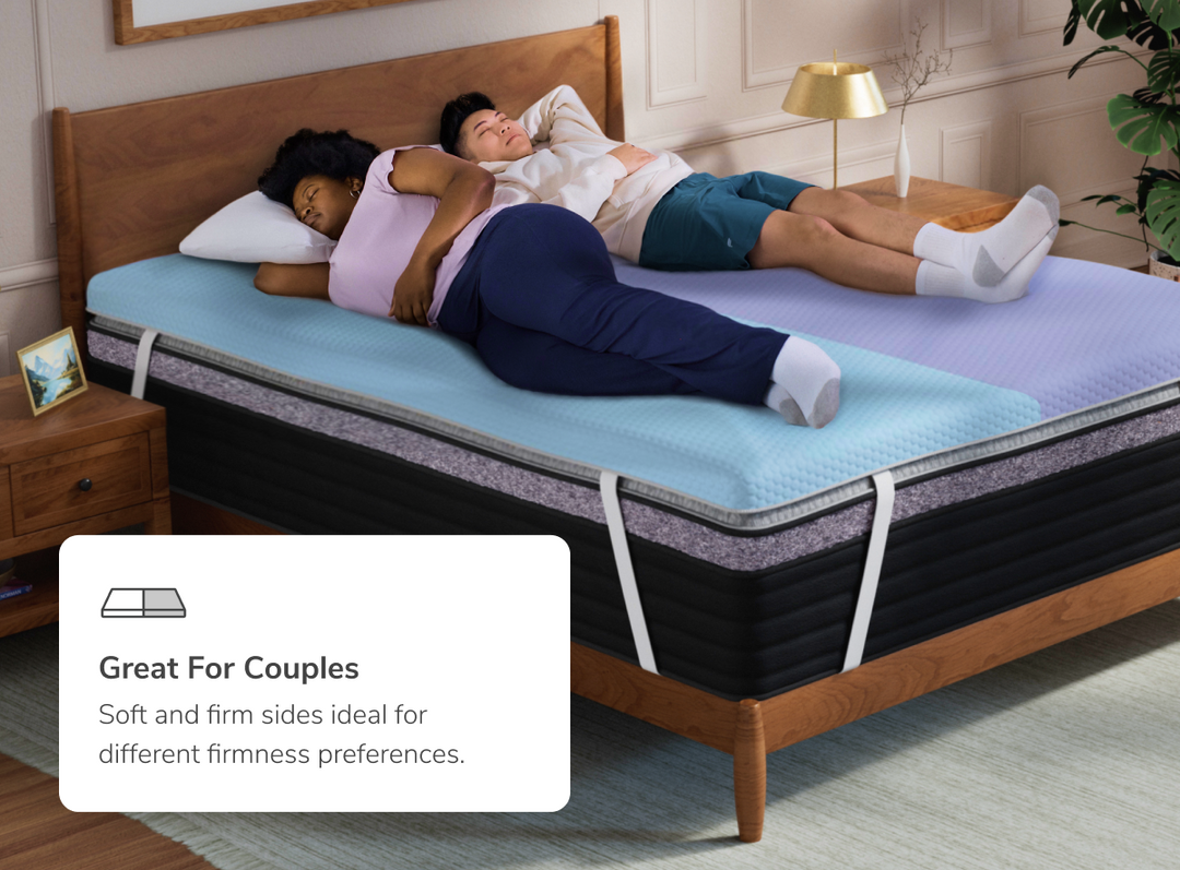 A rendered image of the Dual Comfort Mattress Topper with a callout to its benefits for couples 