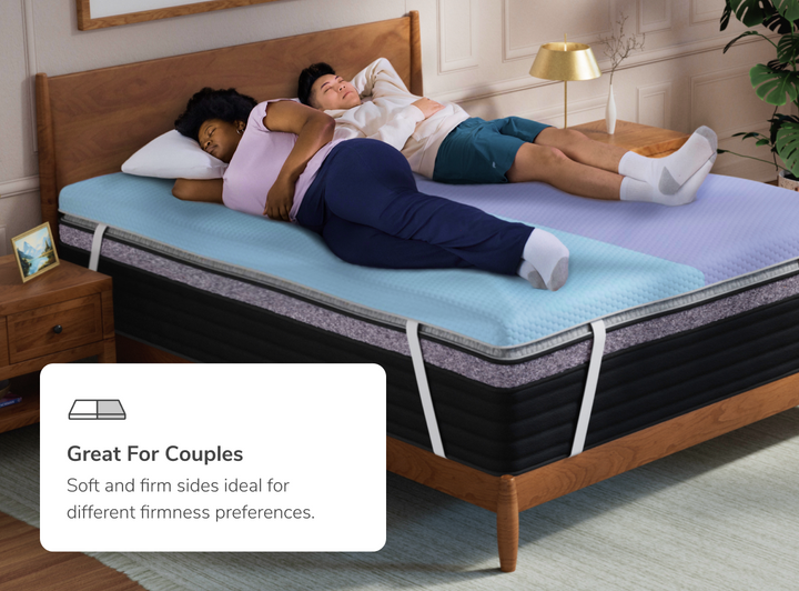 A rendered image of the Dual Comfort Mattress Topper with a callout to its benefits for couples 