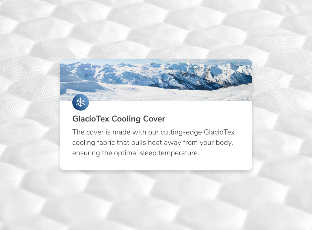 A closeup image of the GlacioTex Cooling Cover with a callout to its cooling technology 