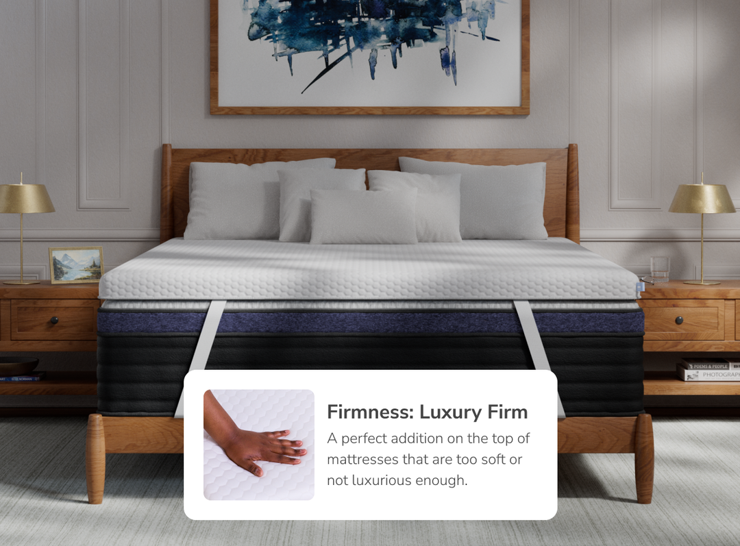 A rendered image of the Premium Memory Foam Mattress Topper with a callout to its luxury firm option