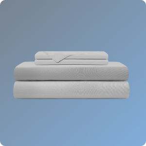 Set of gray bedding sheets on a blue background