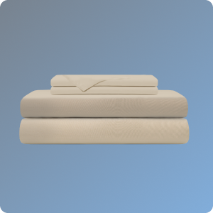 Beige bed sheets and pillowcase set on a blue background