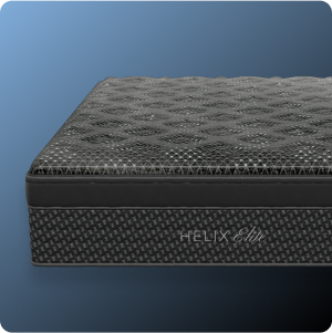 Black mattress with textured surface and 'Helix Elite' branding on a blue background
