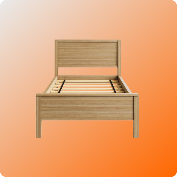Wooden bed frame on an orange gradient background