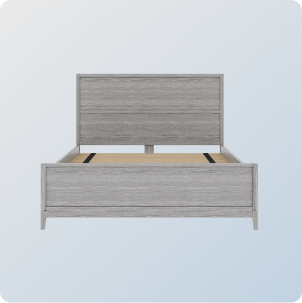 Wooden bed frame on a light blue background