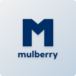 Mulberry logo on a light blue background