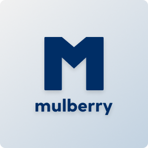 Mulberry logo on a light blue background